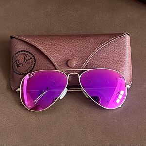 Ray-Ban Gold Aviator Polarized Sunglasses with Pink Lenses